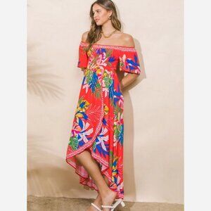 Off Shoulder Island Vacay Red Floral Sundress